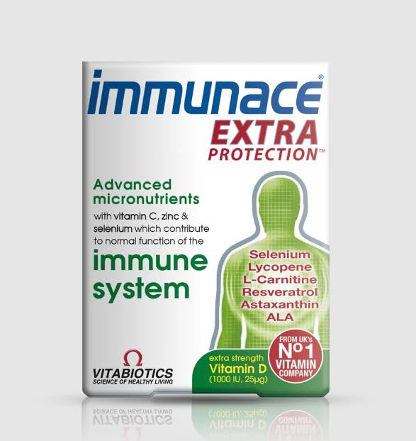 Vitabiotics Immunace Extra Protection bottle front view supports immune health and daily nutrient balance.