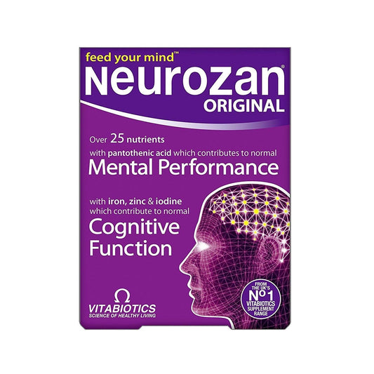 Vitabiotics Neurozan bottle pour, illustrating daily brain support with a broad nutrient blend.