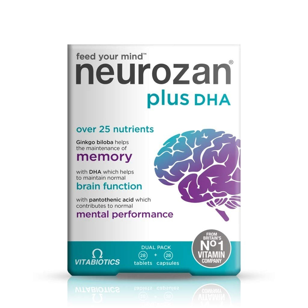 Vitabiotics Neurozan Plus bottle pouring omega-3 capsules for brain support