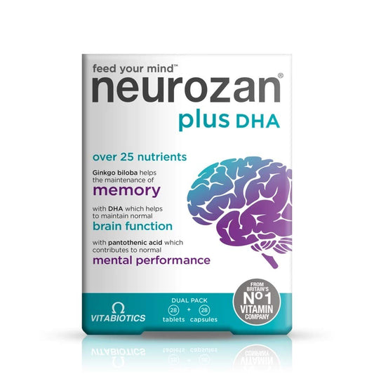 Vitabiotics Neurozan Plus bottle pouring omega-3 capsules for brain support