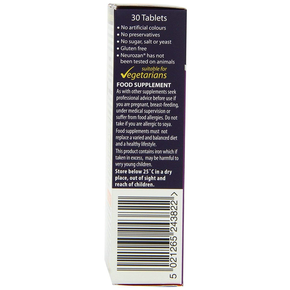 Vitabiotics Neurozan tablets close-up, highlighting support for normal cognitive function.