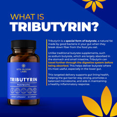 Vita Bloom Labs Tributyrin packaging front highlighting 3-in-1 postbiotic benefits.
