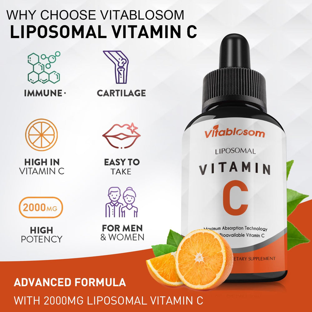 Vitablosom vitamin C dropper dispensing a 2ml serving for convenient dosing.