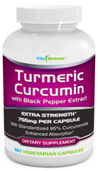 VitaBreeze Turmeric Curcumin bottle front showing 755mg per capsule for daily wellness.