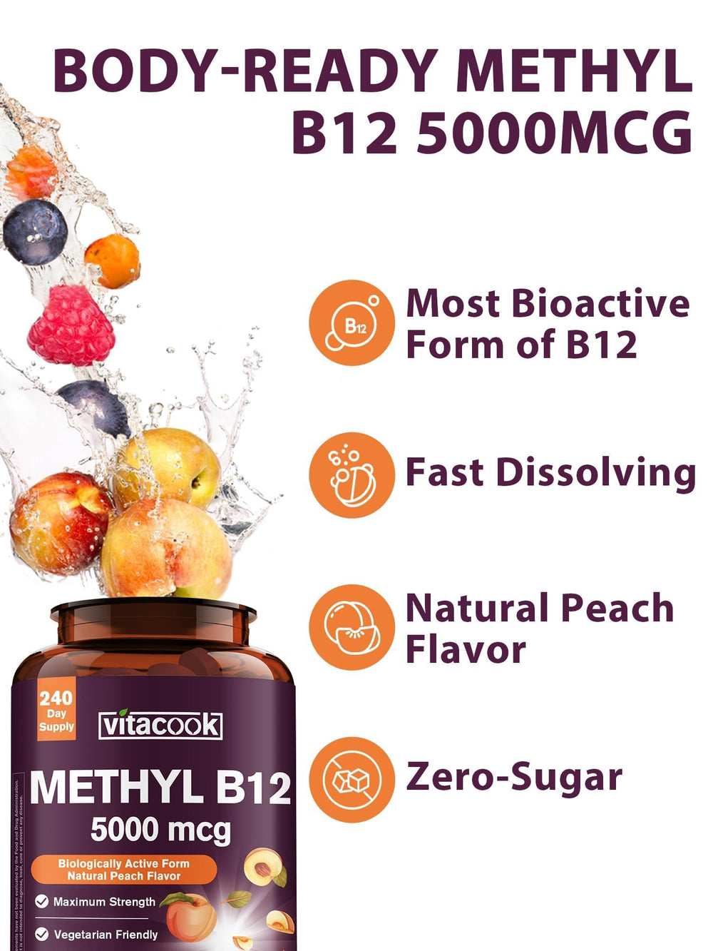 Vitacook B12 peach-flavored tablet, vegan and sugar-free