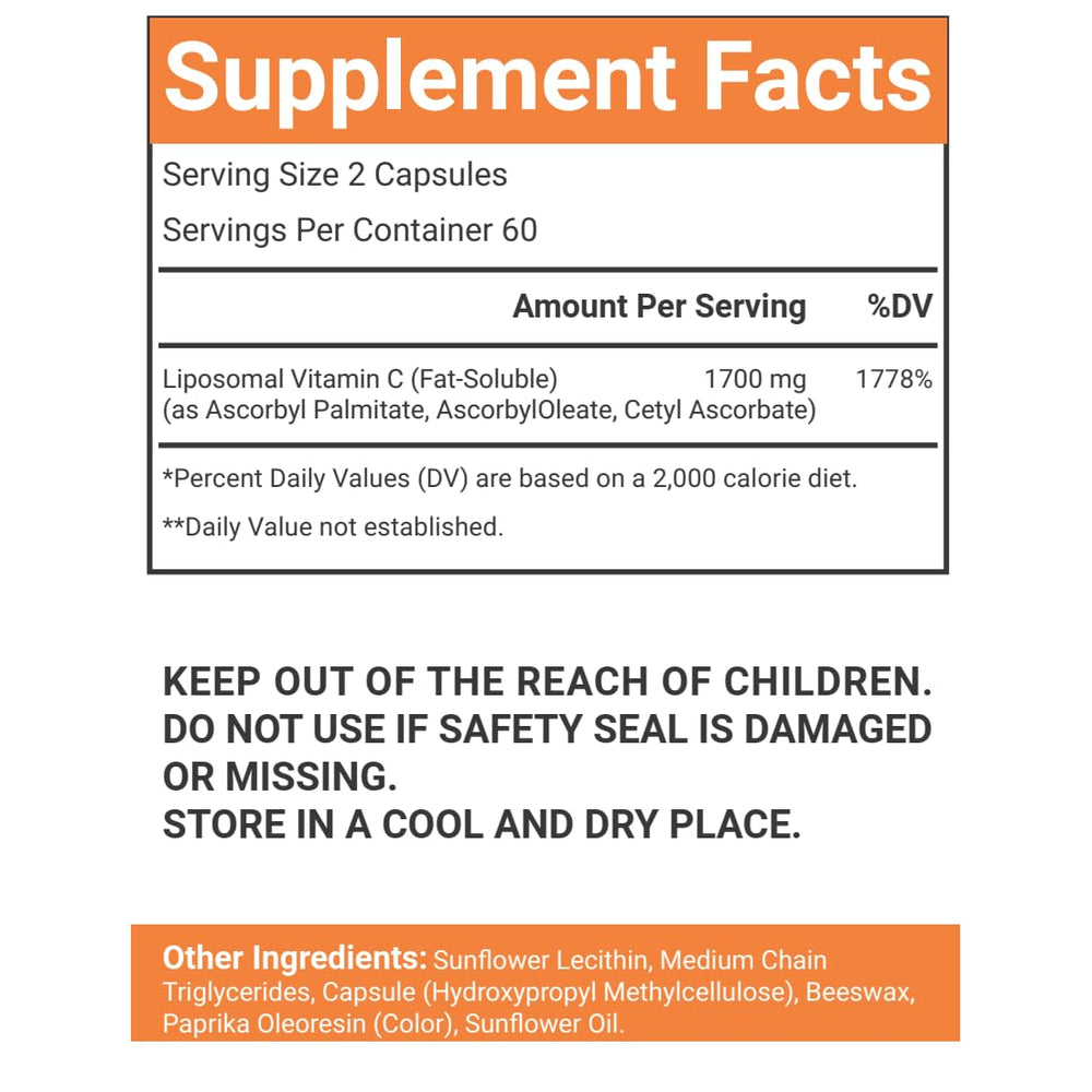 VitaCosmoX Liposomal Vitamin C packaging highlights vegetarian, non-GMO, gluten-free.