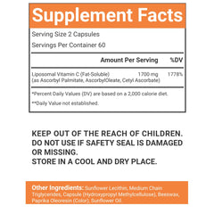 VitaCosmoX Liposomal Vitamin C packaging highlights vegetarian, non-GMO, gluten-free.