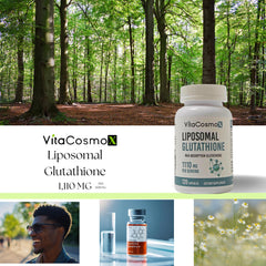 VitaCosmoX Liposomal Glutathione bottle back label showing ingredients and dietary suitability.