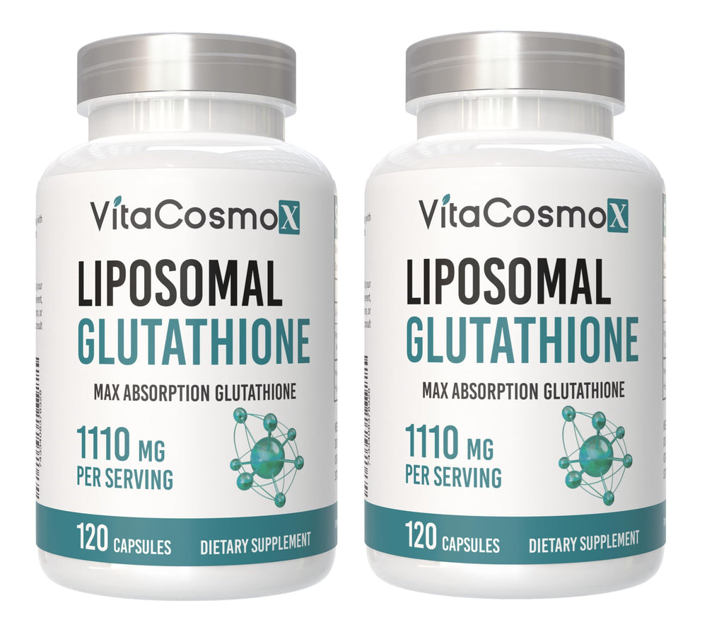 VitaCosmoX Liposomal Glutathione bottle front view highlighting vegan, gluten-free wellness support.
