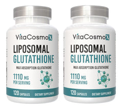 VitaCosmoX Liposomal Glutathione bottle front view highlighting vegan, gluten-free wellness support.