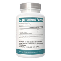 VitaCosmoX Liposomal Glutathione label emphasizes vegan, non-GMO, gluten-free and soy-free.