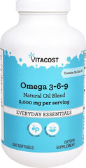 Vitacost Omega 3-6-9 bottle view shows a plant-based, fish-free omega blend for heart health and joints