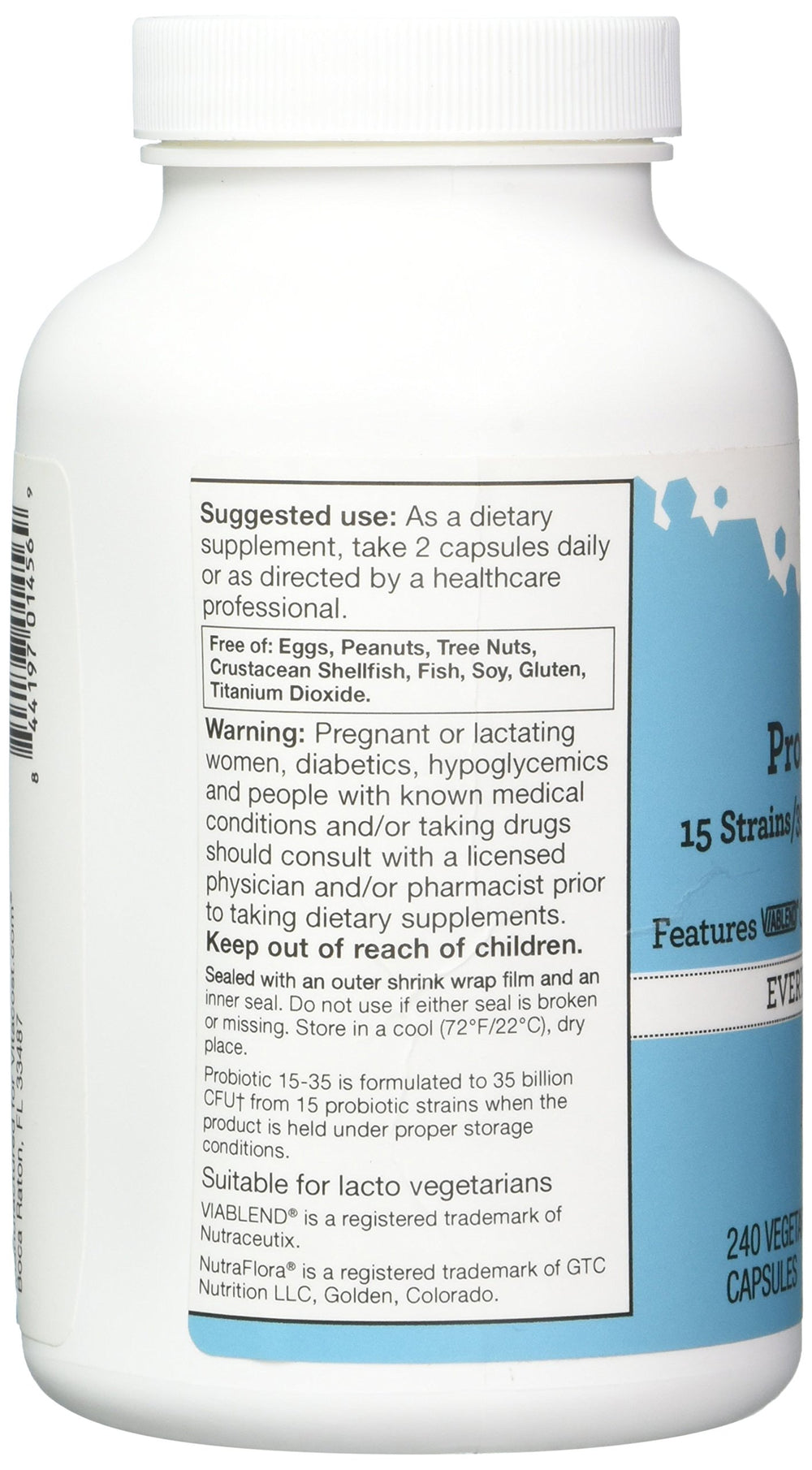 Vitacost Probiotic 15-35 capsules closeup shows uniform capsules designed for gentle digestion.