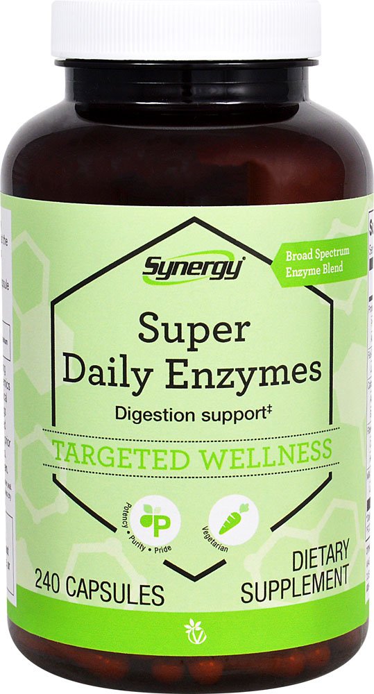 Vitacost Super Daily Enzymes bottle showing broad digestive support for meals
