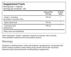 Vitacost Synergy CoQ10 Alpha Lipoic Acid close up of label highlighting antioxidant blend for heart and brain health.