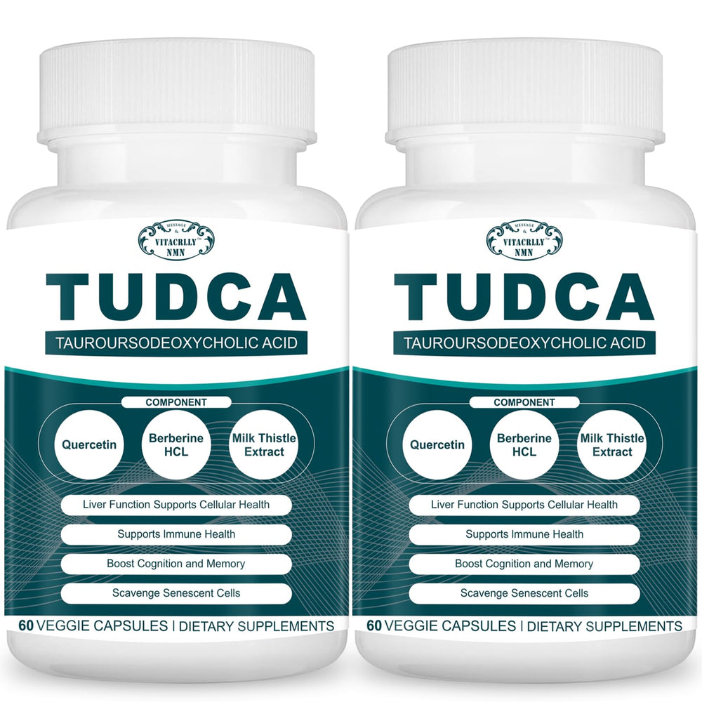 Vitacrllynmn Tudca bottle with label highlighting liver detox support.