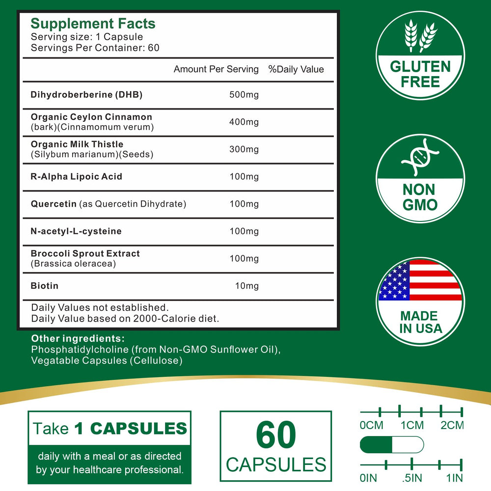 VITACRLLYNMN Dihydroberberine capsules closeup highlights easy-to-swallow 180-count packaging