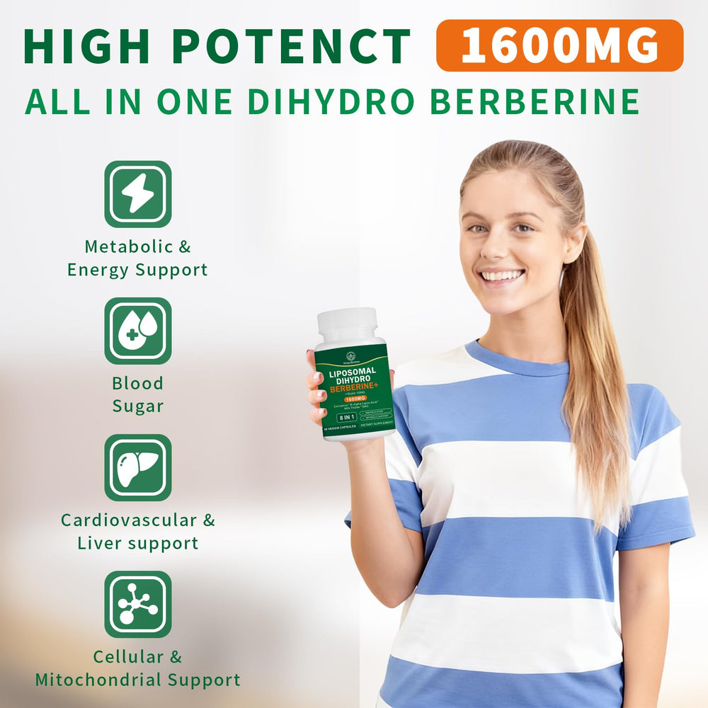 VITACRLLYNMN Dihydroberberine label infographic outlines liposomal absorption benefits
