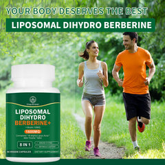 VITACRLLYNMN Dihydroberberine bottle beside energy-focused infographic suggests everyday metabolic support