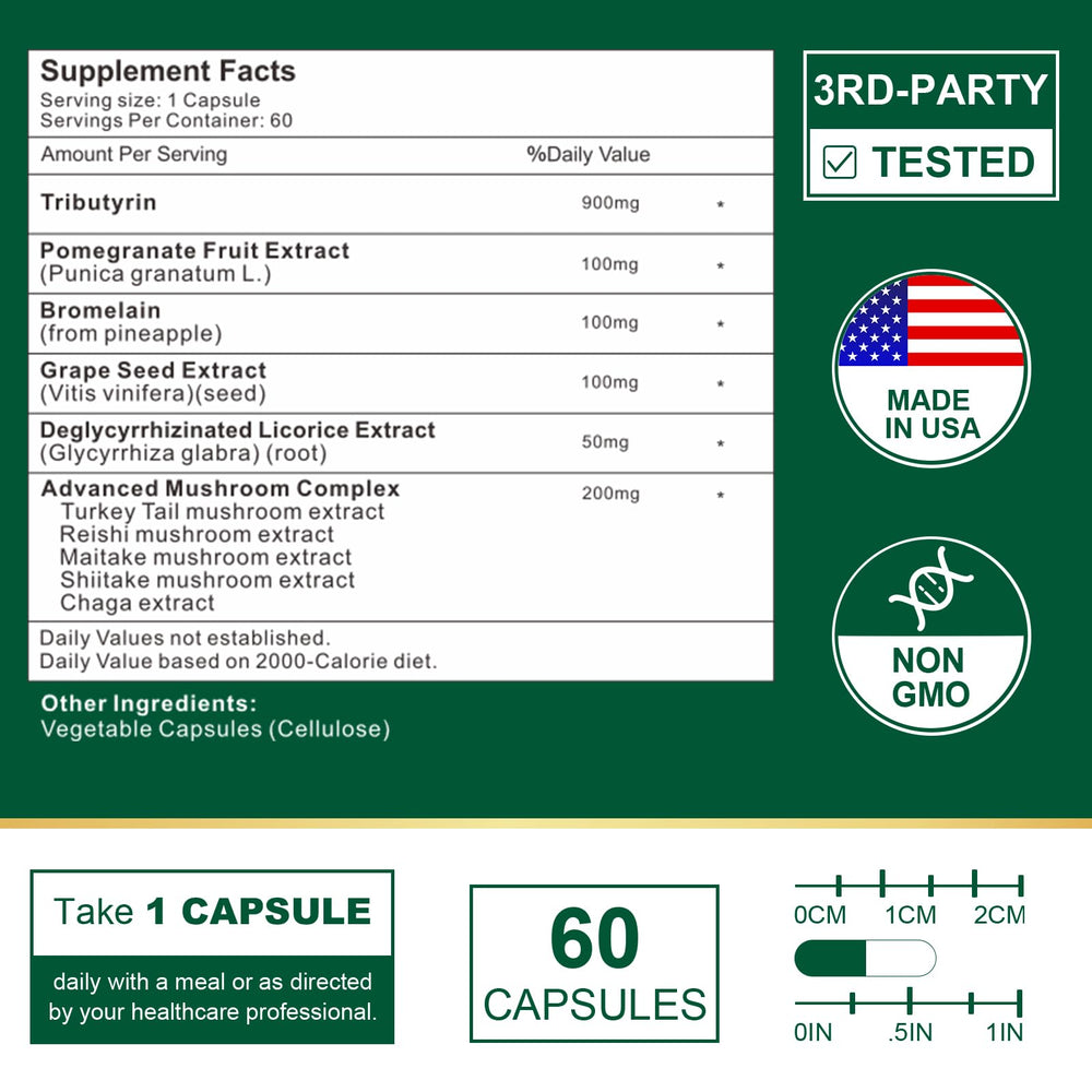 VITACRLLYNMN capsules close-up showing 900mg Tributyrin per serving.