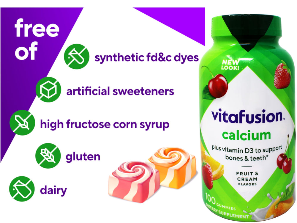 Two gummies serving shown for daily calcium and vitamin D intake