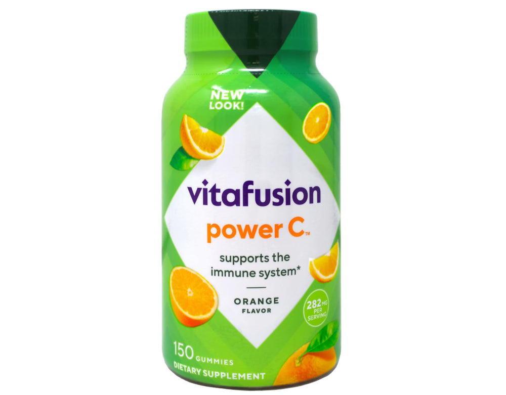 Vitafusion Power C Gummies label visible, highlighting orange flavor and potency