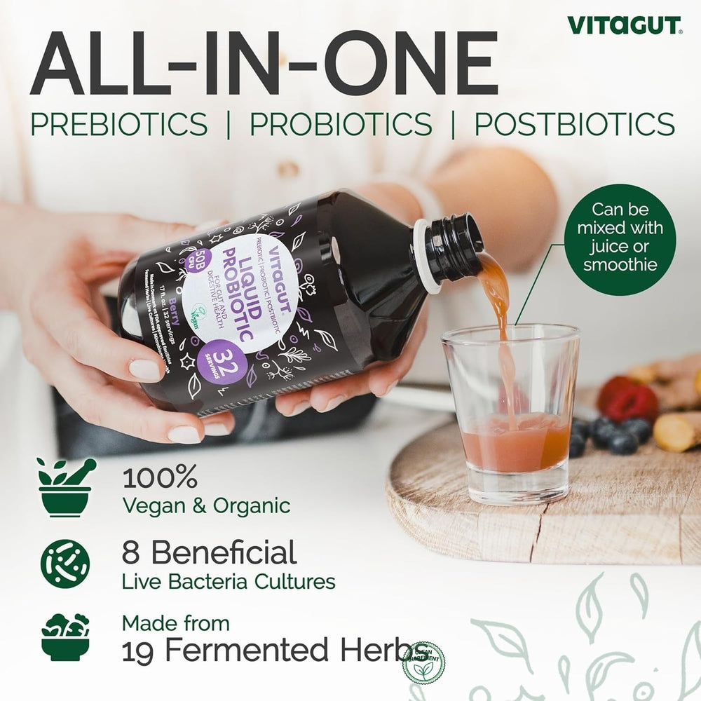 VITAGUT liquid probiotic pour into glass, suggesting easy daily consumption.