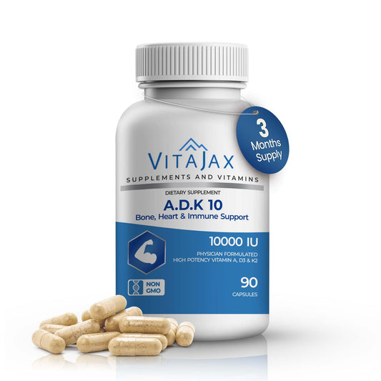 VITAJAX ADK10 bottle front showing high-potency ADK blend for daily bone support