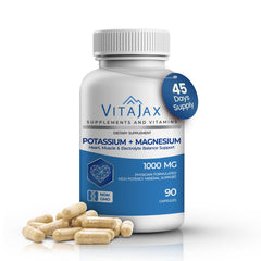 VITAJAX Potassium Magnesium bottle label with 90 capsules for daily electrolyte balance.