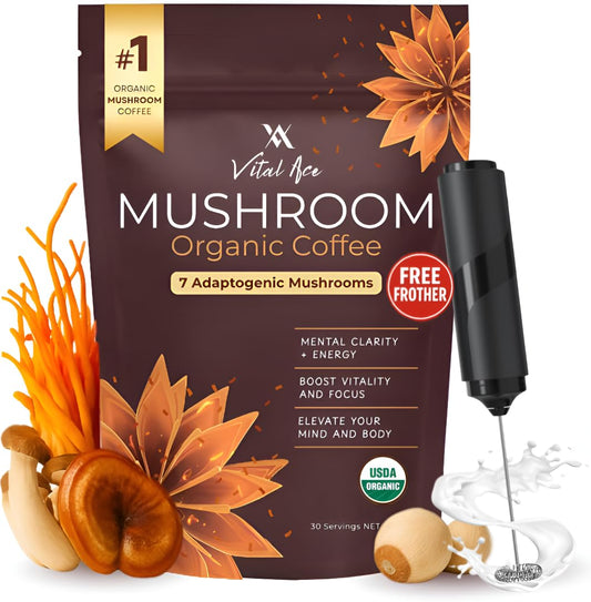 Vital Ace Mushroom Coffee cup-steam shows smooth energy and focus.