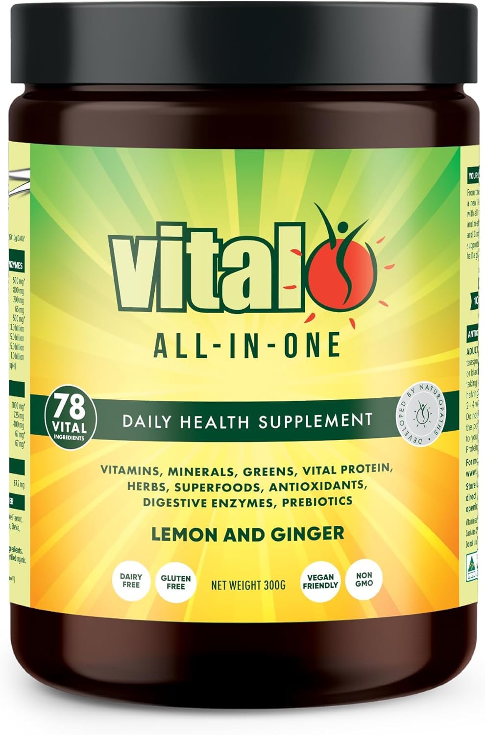 Vital All-in-One Daily Greens Powder bottle with lemon-ginger flavor for daily energy