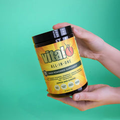 Label closeup of Vital powder highlighting transparent ingredients