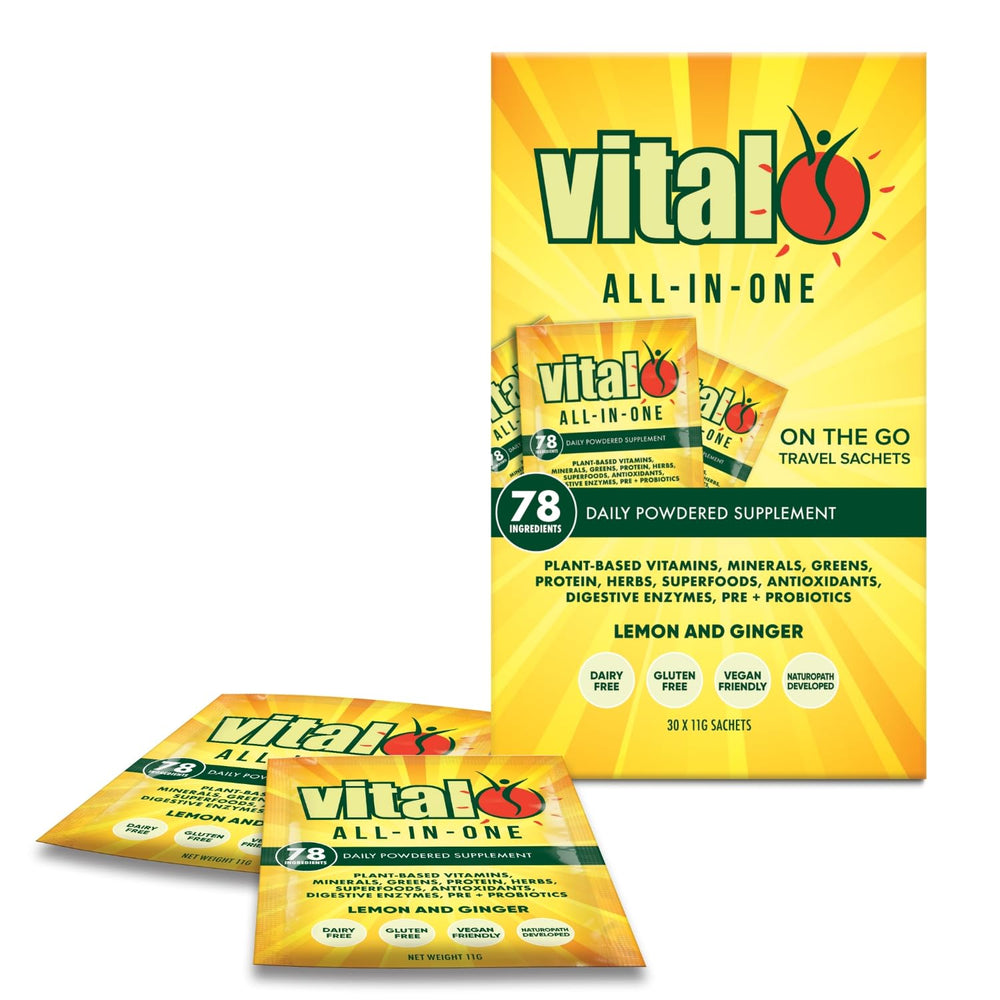 Vital All-In-One Lemon Ginger tub displays label; supports daily wellness benefits.