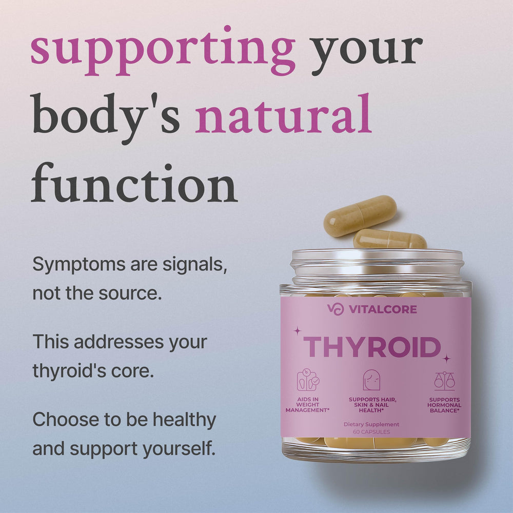 Vital Core thyroid capsules on white surface—easy daily supplement.