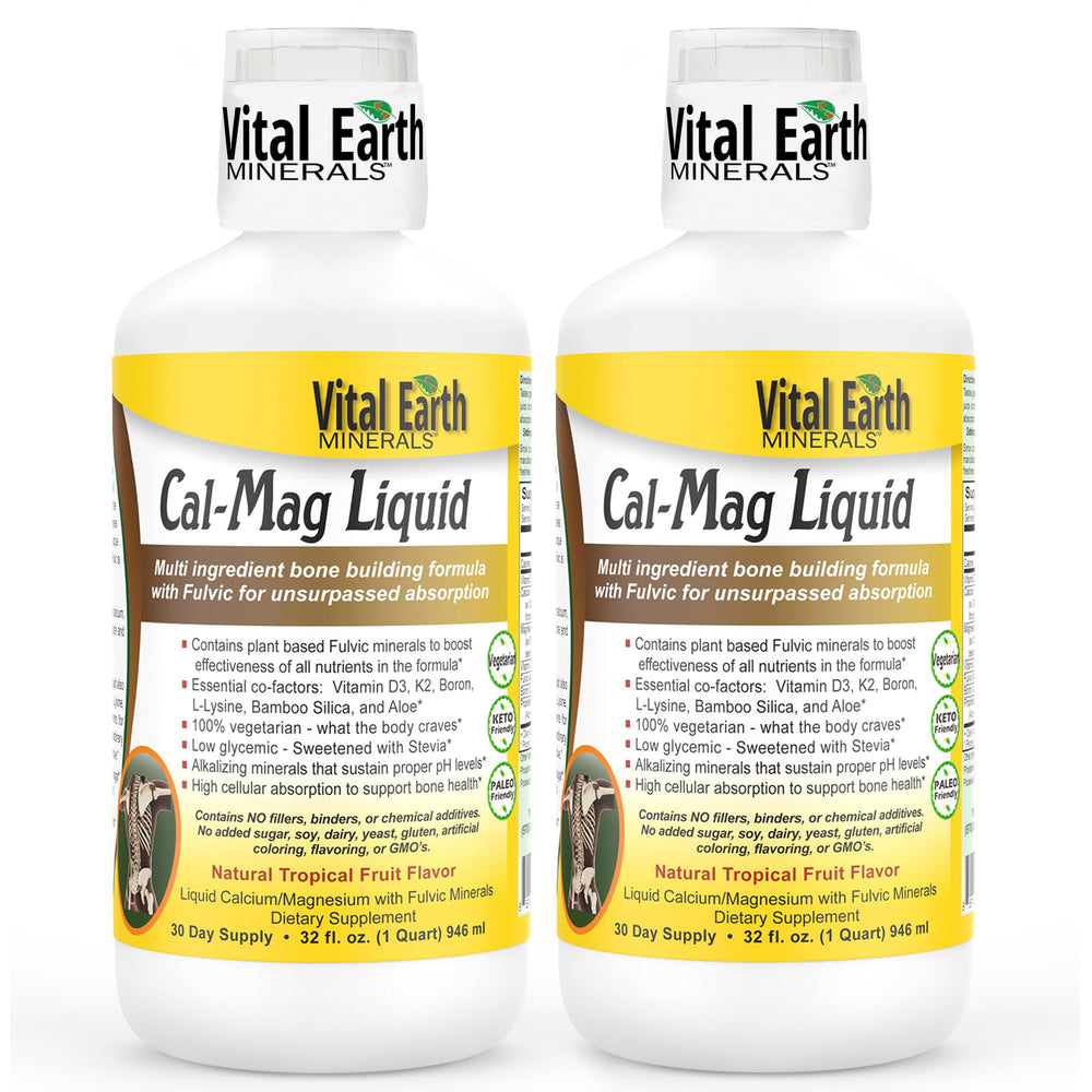 Vital Earth Minerals Cal-Mag Liquid bottle with fulvic-enhanced absorption.