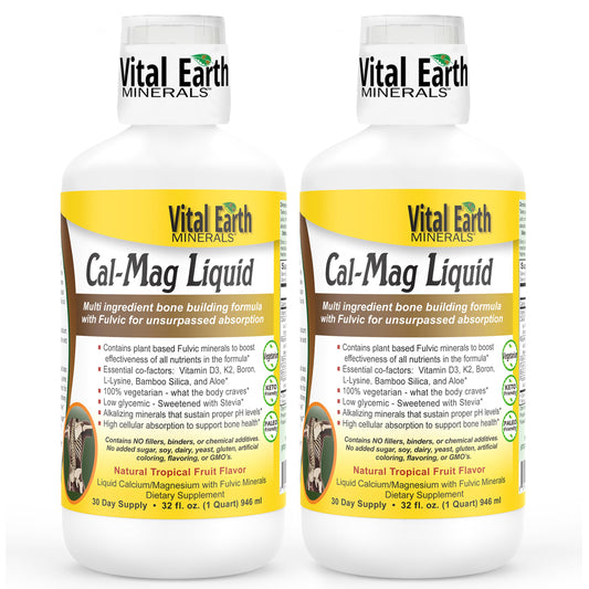Vital Earth Minerals Cal-Mag Liquid bottle with fulvic-enhanced absorption.