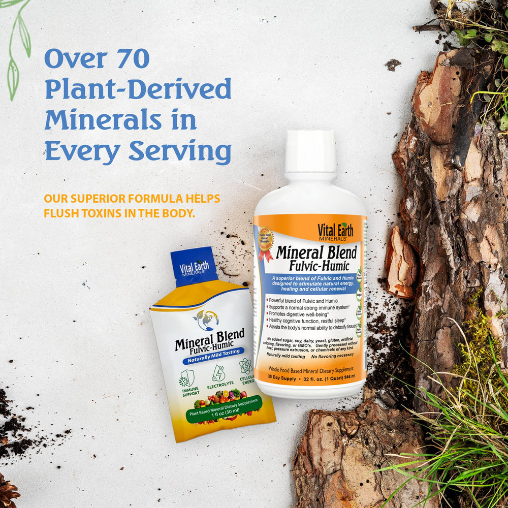 Vital Earth Minerals clear liquid mix; demonstrates easy-dissolve texture.