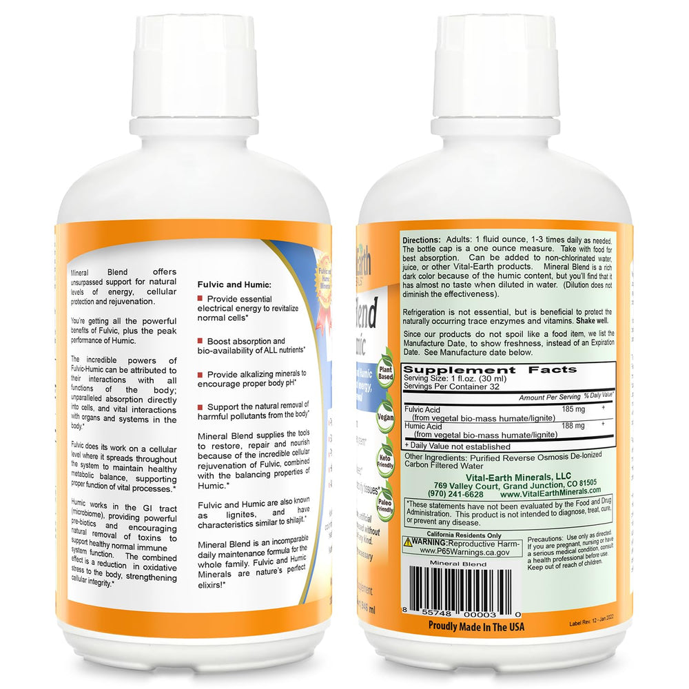 Vital Earth Minerals detox bottle pour highlights easy daily dose for energy and balance.