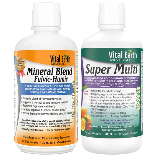 Vital Earth Minerals detox and wellness bottle shows 32 oz liquid supplement for daily vitality.