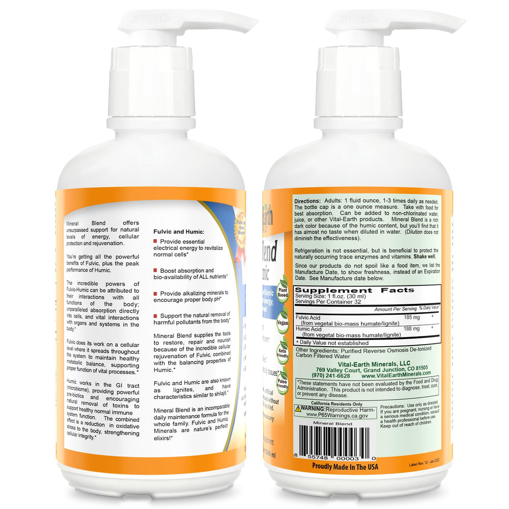 Vital Earth Minerals fulvic humic bottle poured into a glass for quick mixing