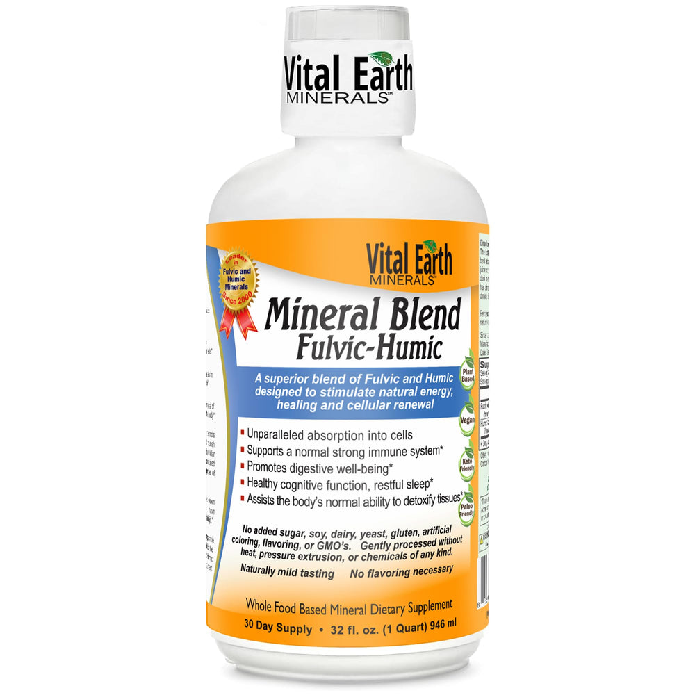 Vital Earth Minerals fulvic humic mineral blend liquid bottle showing minerals for daily energy