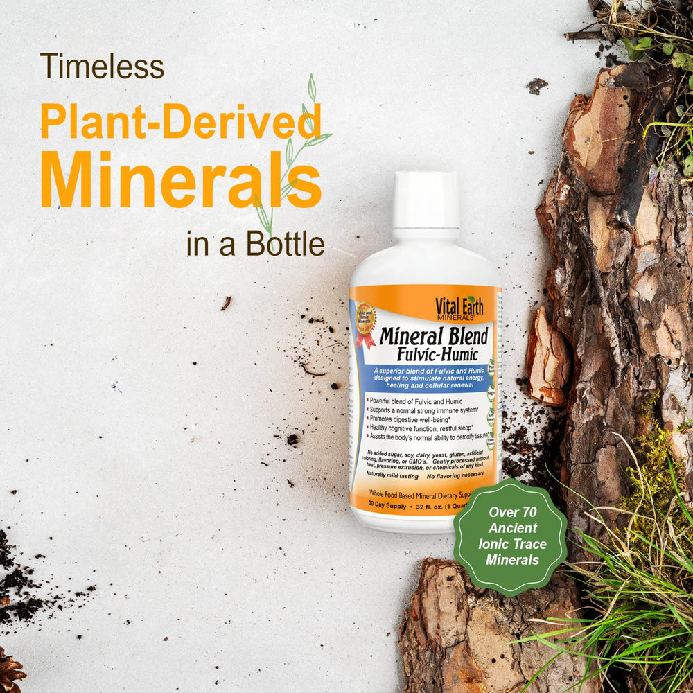 Vital Earth Minerals fulvic humic mineral blend liquid being poured for easy mix