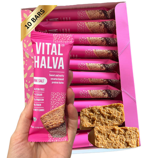 Vital Halva gut-friendly sesame bar package front showing pink salt flavor and nutrition highlights