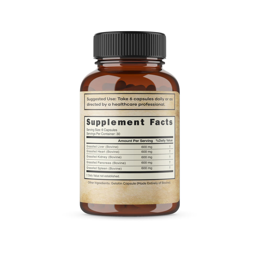 Vital Hunter freeze-dried beef organs bottle highlights convenient daily supplement form.