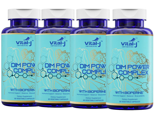 Vital-J Empowering 4-in-1 DIM Potent Complex bottle showcases packaging for estrogen balance support.