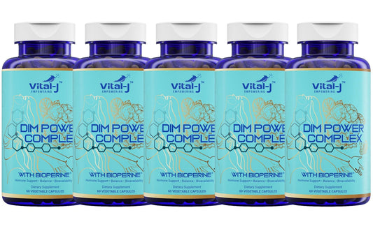 Vital-J Empowering 4-in-1 DIM Potent Complex bottle on desk hints at hormone balance support