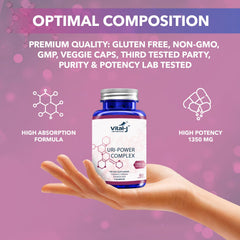 Vital-J Empowering D-mannose and cranberry blend with powder visuals for daily support.