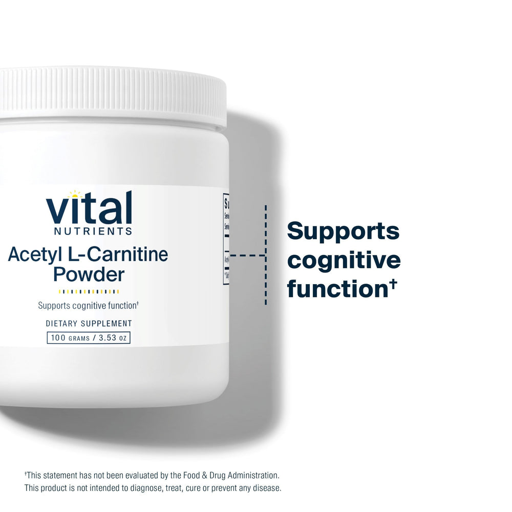 Vital Nutrients Acetyl L-Carnitine Powder dry form for convenient routines.