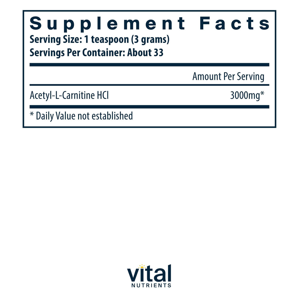 Vital Nutrients Acetyl L-Carnitine Powder with scoop for precise daily dosing.