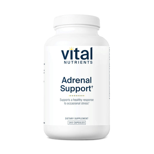 Vital Nutrients Adrenal Support bottle highlights gluten-free capsules for daily balance.